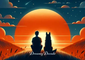 friendly black dog dream meaning _ The final scene shows the person and the dog sitting side by side on a hill, watching the sunset together. The scene represents a deep connection, serenity, and the fulfillment of a journey shared in the dream.