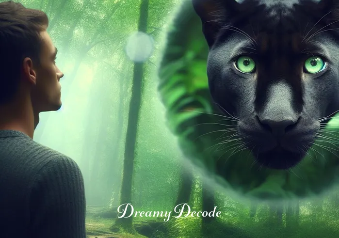 friendly black panther dream meaning _ A dreamer stands in a lush, green forest, eyes wide with wonder as a majestic black panther gently approaches. The panther