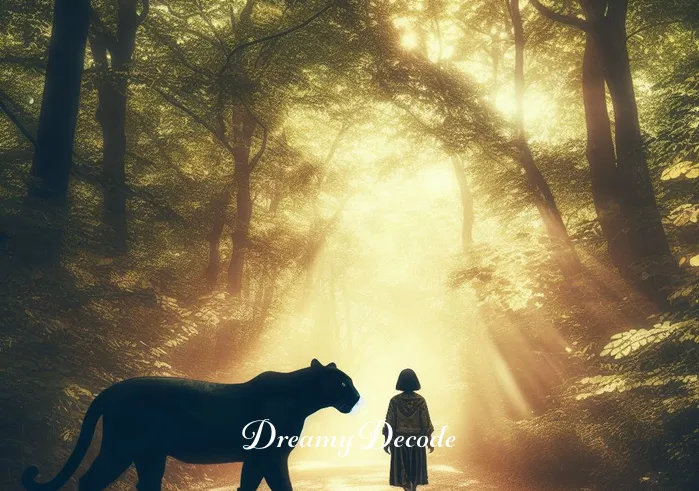 friendly black panther dream meaning _ The scene shifts to the dreamer and the black panther walking side by side under the forest canopy. Sunlight filters through the leaves, casting dappled patterns on the ground. This represents the dreamer
