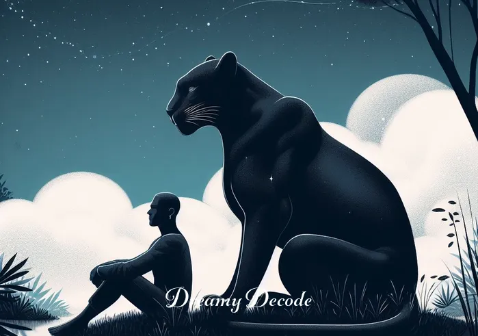 friendly black panther dream meaning _ Now, the dreamer sits peacefully beside the black panther in a serene clearing. They share a moment of quiet companionship, symbolizing the dreamer