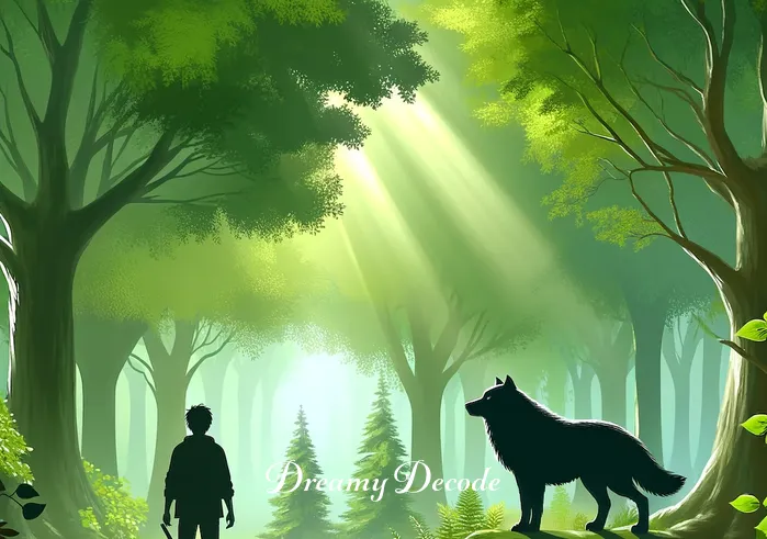 friendly black wolf dream meaning _ A person standing in a serene forest, looking at a distant black wolf. The wolf is standing calmly among the trees, its eyes conveying a sense of wisdom and friendliness. The forest is lush and green, with sunlight filtering through the leaves, creating a peaceful and mystical atmosphere.