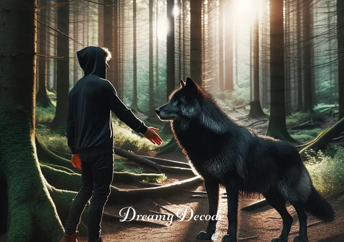 friendly black wolf dream meaning _ The black wolf approaches the person slowly, showing no signs of aggression. Its fur glistens in the sunlight, and its movements are graceful and measured. The person