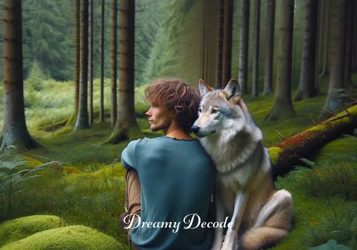 friendly black wolf dream meaning _ The wolf and the person are now sitting side by side on a moss-covered forest floor. The wolf is relaxed, its head gently resting against the person