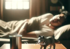 friendly black wolf dream meaning _ The dream scene fades into an image of the person waking up in their bed, a look of peaceful contentment on their face. The morning light streams through the window, illuminating a small wolf figurine on the bedside table, symbolizing the profound and friendly connection experienced in the dream.
