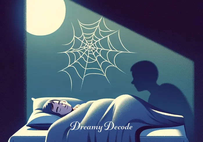 giant black spider dream meaning _ The final scene shows the person in a peaceful sleep in their bed, with a soft smile on their face. The room is bathed in gentle moonlight, and the shadow of the spider's web is still visible on the wall, implying a sense of understanding or resolution gained from the dream.
