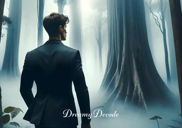 man in black suit dream meaning _ A man in a sleek black suit stands at the entrance of a mysterious, fog-shrouded forest, peering into the mist with a look of curiosity and anticipation. The trees loom large and ethereal in the background, adding a sense of adventure and unknown to the scene.