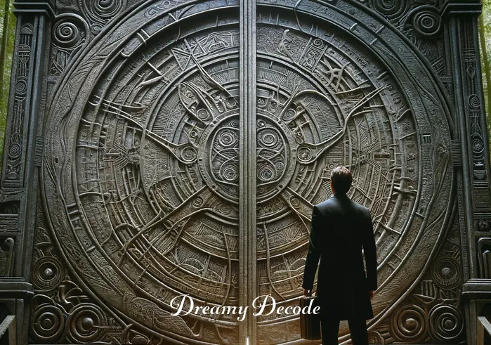 man in black suit dream meaning _ In the third scene, the man in the black suit encounters a large, ancient-looking gate in the heart of the forest. Intricate patterns and symbols are etched into the gate, and it stands slightly ajar, beckoning him to discover what lies beyond.