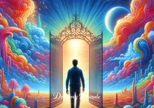 man in black suit dream meaning _ The final image shows the man stepping through the gate into a vibrant, otherworldly landscape. Brilliant colors and fantastical elements surround him, symbolizing enlightenment and the realization of deeper meanings and truths in his journey.