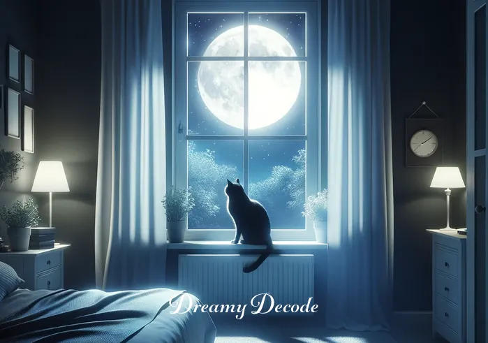 meaning of black cat in dream _ A serene bedroom at night with a window slightly ajar. Moonlight filters in, casting a soft glow on a black cat sitting quietly on the windowsill, gazing inward with curious eyes. The room