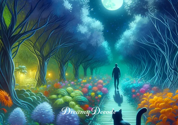 meaning of black cat in dream _ The dream sequence begins, showing the person in a lush, moonlit garden. A black cat, resembling the one from the bedroom, appears and leads the person down a winding path lined with vibrant, blooming flowers and tall, elegant trees.