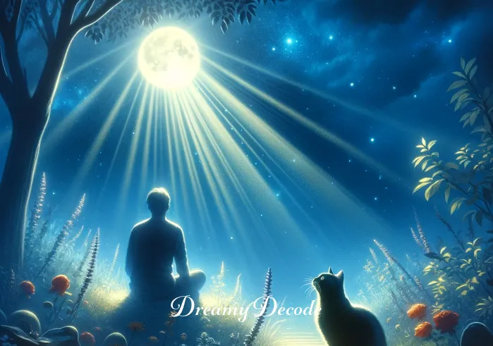 meaning of black cat in dream _ The dream concludes with the person and the black cat reaching a clearing in the garden. The cat sits and looks up at the person, who now appears enlightened and at peace. The surrounding garden glows under the moonlight, symbolizing clarity and understanding.