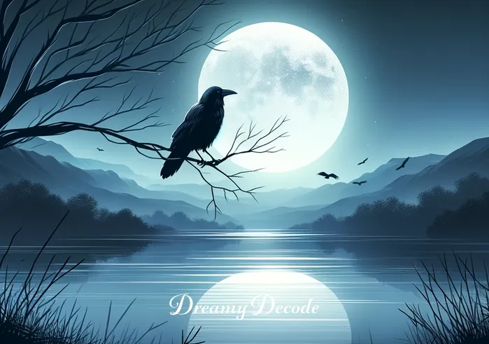 meaning of black crow in dream _ A serene night sky with a full moon, casting a soft glow over a tranquil landscape. In the foreground, a single black crow is perched peacefully on a tree branch, its feathers glistening in the moonlight. The scene conveys a sense of calm and introspection.