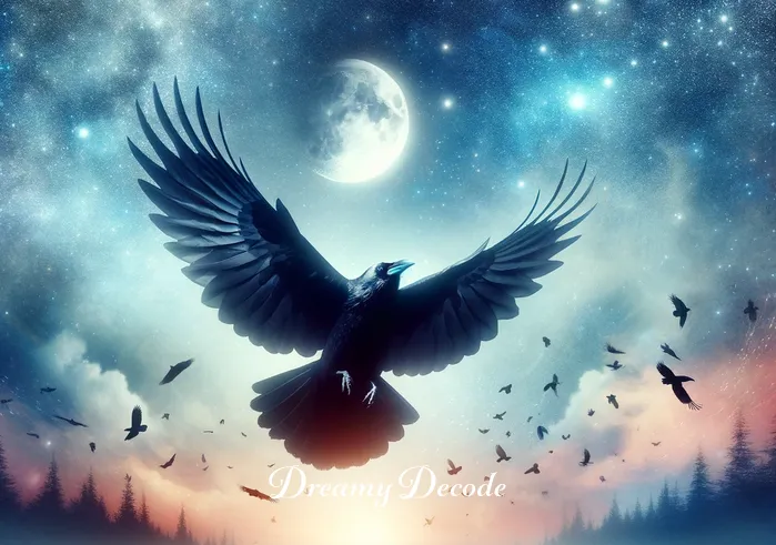 meaning of black crow in dream _ A dreamlike scene where the black crow takes flight, its wings spread wide against the backdrop of the starry night sky. The crow flies towards the moon, symbolizing a journey towards understanding and enlightenment.