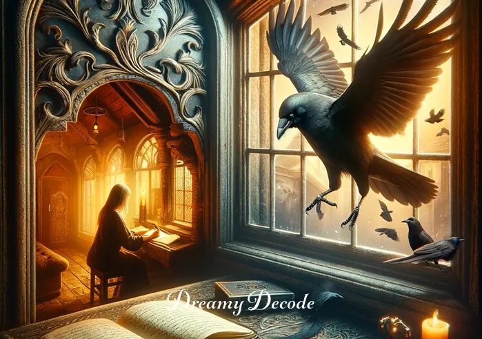 meaning of black crow in dream _ The crow lands on an ancient, ornate windowsill, peering curiously into a warmly lit room. Inside, a person is seen writing in a journal, symbolizing self-reflection and the search for inner wisdom inspired by the crow