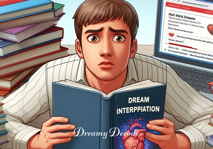 dream meaning heart attack _ The same person, now looking slightly puzzled, holds an open book titled "Dream Interpretation". They are surrounded by various dream analysis books and a laptop displaying a webpage about heart attack dreams, symbolizing their deep dive into research.