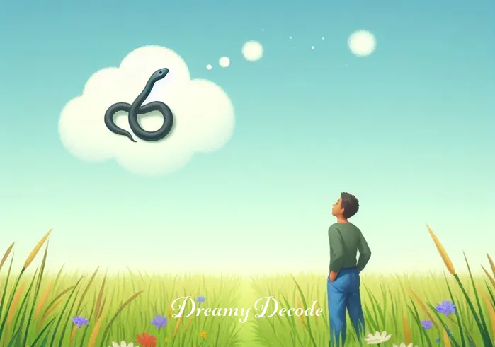meaning of black snake in dream _ A dreamer standing in a tranquil meadow under a clear sky, looking puzzled as they notice a small, non-threatening black snake slithering through the green grass towards a patch of colorful wildflowers, symbolizing the onset of a journey or a new beginning.