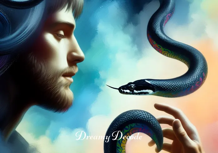 meaning of black snake in dream _ The dreamer, with a look of realization and enlightenment, gently interacts with the black snake, which is now showing vibrant patterns on its skin. This scene symbolizes the overcoming of fears and the embracing of transformation and healing.