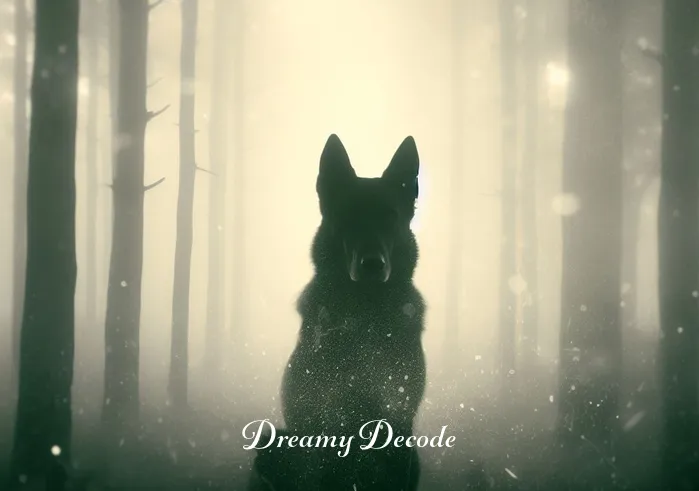 meaning of seeing a black dog in dream _ In the dream, a shadowy figure of a black dog appears at a distance in a misty forest. The dog is sitting calmly, its eyes reflecting a sense of wisdom and depth, surrounded by a faint, ethereal light.