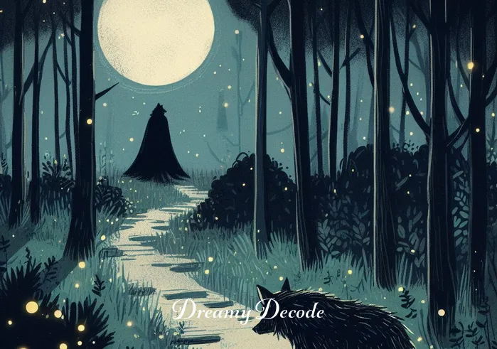 meaning of seeing a black dog in dream _ The dream shifts, and the black dog is now walking towards the dreamer through the forest, its fur glistening under the moonlight. The surroundings are peaceful, with fireflies gently illuminating the path.
