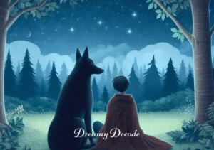meaning of seeing a black dog in dream _ The dream concludes with the black dog sitting beside the dreamer in the forest, offering a sense of protection and companionship. The scene is tranquil, with a starry sky overhead and a gentle breeze rustling the leaves.