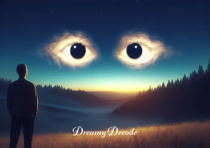 pitch black eyes dream meaning _ A person standing in a serene meadow at twilight, gazing curiously at a pair of glowing, pitch-black eyes that have appeared in the sky, symbolizing the initial intrigue and mystery in a dream.