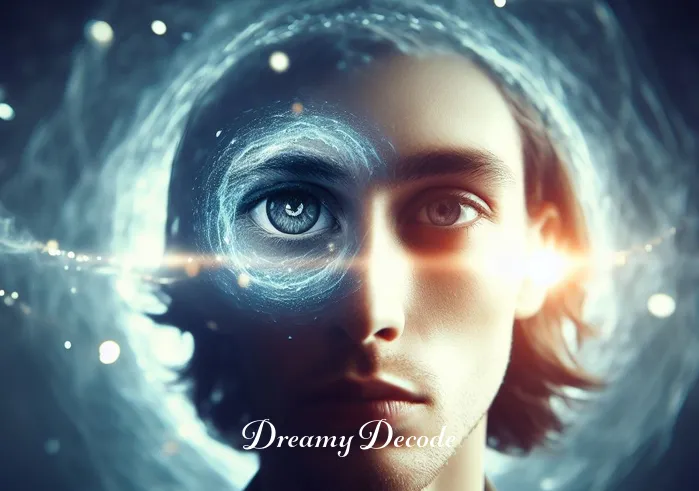pitch black eyes dream meaning _ The same person now closer to the eyes, with a reflective expression, surrounded by a halo of soft light. This represents a deeper exploration into the meaning of the dream, suggesting introspection and self-discovery.