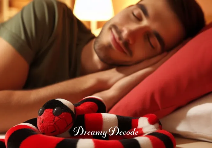 red and black snake dream meaning _ A person sleeping peacefully in a brightly lit room, with a plush red and black snake toy resting on a nearby nightstand. The room is warmly decorated and the person has a content expression, suggesting a calm and comfortable sleep.