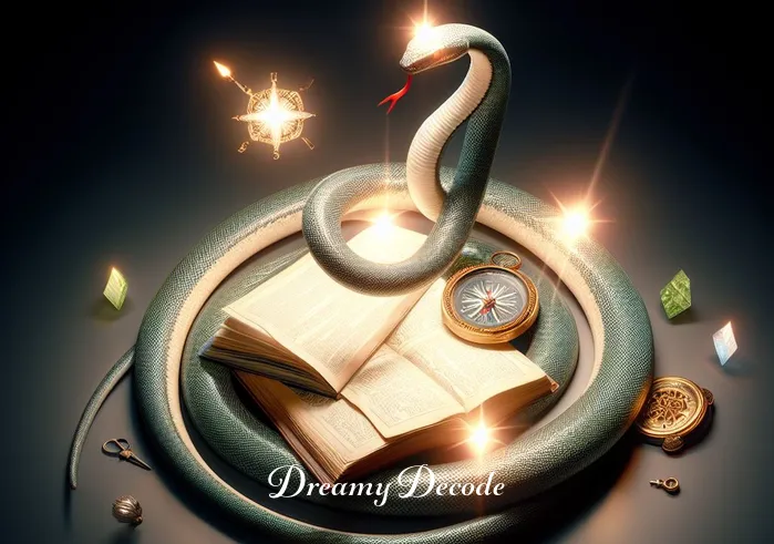 red and black snake dream meaning _ In the dream, the snake encounters various symbolic items like a compass, an open book, and a mirror, each glowing with a soft light. The snake wraps around these items gently, symbolizing guidance, knowledge, and self-reflection in the dreamer