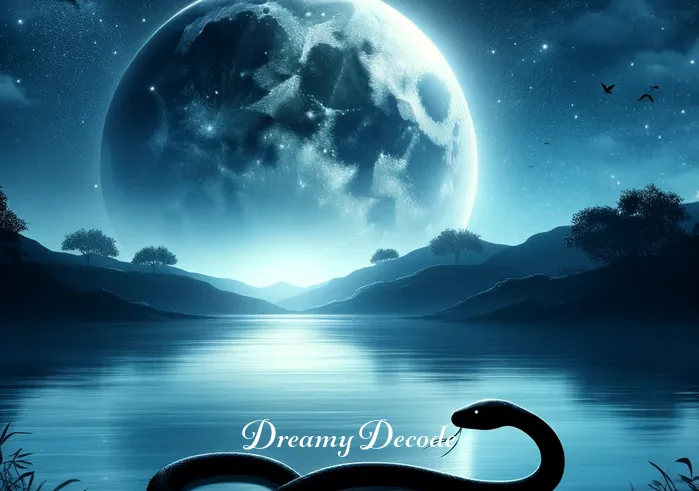 seeing black snake in dream spiritual meaning _ A serene, moonlit landscape, with a calm river reflecting the moonlight. In the foreground, a shadowy, black snake slithers gracefully along the riverbank, blending seamlessly into the tranquil night setting. The scene conveys a sense of mystery and quiet introspection, hinting at the deeper, spiritual significance of encountering a black snake in a dream.
