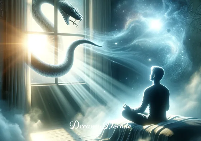 seeing black snake in dream spiritual meaning _ An ethereal, softly illuminated scene where the dreamer, now awake, is seen in a reflective state, sitting near a window with a notebook and pen in hand. The gentle morning light filters through, symbolizing enlightenment and understanding. This illustrates the dreamer