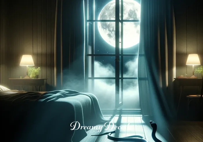 small black snake dream meaning _ A person peacefully sleeping in a moonlit room, with a small, non-threatening black snake slithering in through an open window, symbolizing the beginning of a dream.
