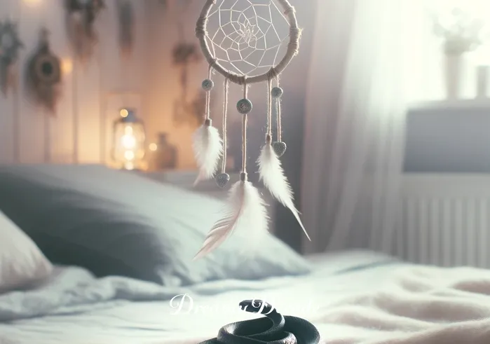 small black snake dream meaning _ The same black snake gently coiling around a dreamcatcher hanging above the sleeping person