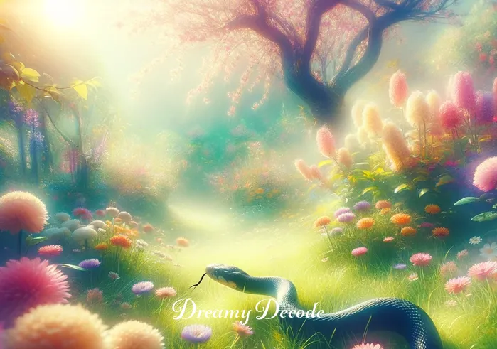 small black snake dream meaning _ The dream scene shifts to a tranquil garden where the black snake is seen harmlessly exploring, amidst blooming flowers and soft grass, under a bright, dreamlike sun.