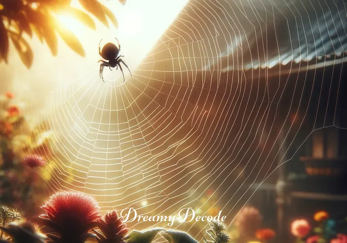 small black spider dream meaning _ A small black spider delicately weaving a web in a peaceful garden, symbolizing the beginning of a journey or the crafting of one