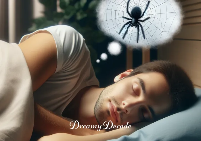 small black spider dream meaning _ A person peacefully sleeping, with a dream bubble showing a small black spider in a web, representing introspection and the uncovering of deep-seated emotions or fears.