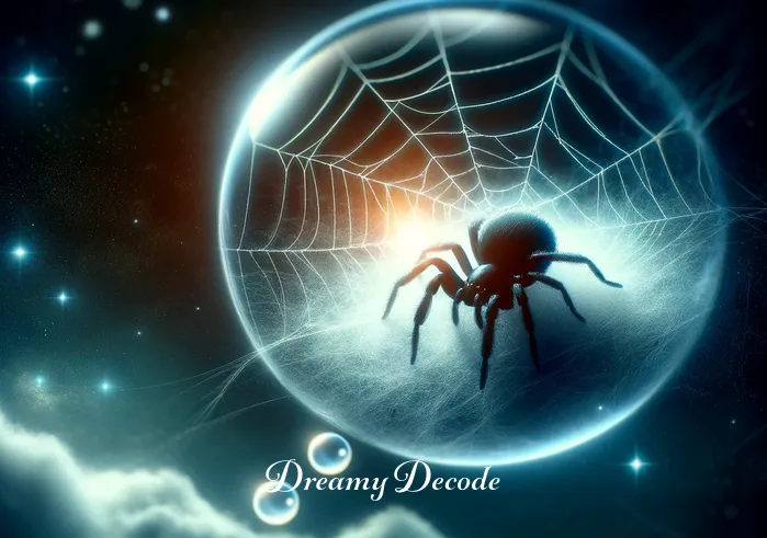 small black spider dream meaning _ The same small black spider, now brightly illuminated in the dream bubble, symbolizing an awakening realization or newfound understanding in the dreamer