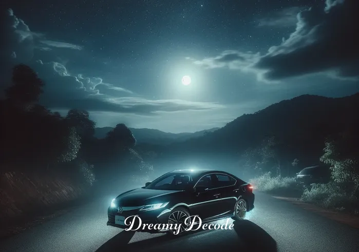 spiritual meaning of a black car in a dream _ A serene night sky filled with twinkling stars, beneath which a sleek black car appears on a deserted road. The car