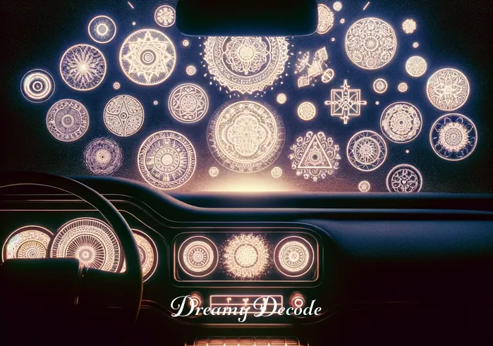 spiritual meaning of a black car in a dream _ Inside the black car, the dashboard glows softly, illuminating an array of intricate symbols and designs. Each symbol seems to hold a deep spiritual significance, suggesting a connection between the dreamer