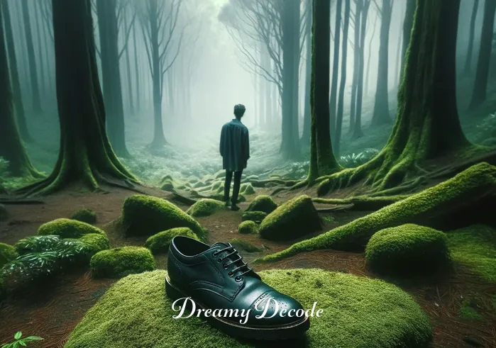 spiritual meaning of black shoes in a dream _ A person standing in a tranquil, misty forest, looking down at a pair of shiny black shoes placed on a moss-covered rock. The shoes seem out of place in the natural setting, suggesting a mysterious or spiritual presence.