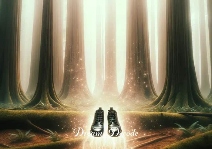 spiritual meaning of black shoes in a dream _ A dream-like scene where the black shoes begin to float above the forest floor, surrounded by a soft, ethereal glow. The surrounding trees and plants appear to lean towards the shoes, as if drawn by their energy.