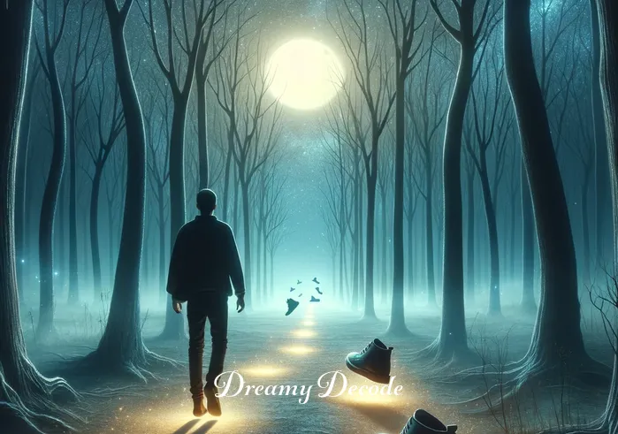 spiritual meaning of black shoes in a dream _ The floating shoes leading the person through the forest, guiding them along a path that glows under the moonlight. The person follows trustingly, looking ahead with a sense of wonder and anticipation.