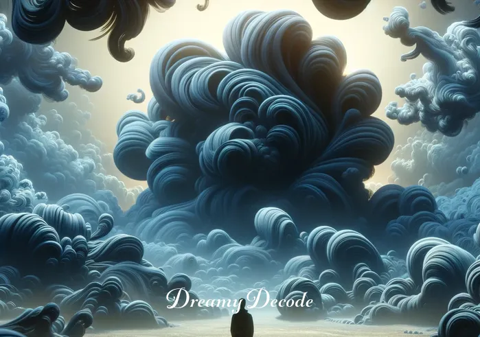 spiritual meaning of black smoke in a dream _ The dreamer is now standing in a surreal dreamscape, surrounded by billowing black smoke. The smoke forms intricate patterns in the air, suggesting a sense of mystery and depth. The dreamer looks curious and contemplative, gazing into the smoke as if seeking answers.