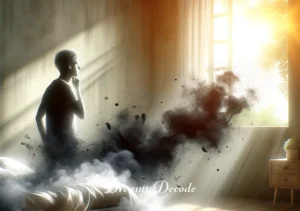 spiritual meaning of black smoke in a dream _ A final scene showing the dreamer waking up in a sunlit room, looking thoughtful and reflective. The remnants of the black smoke are fading away like mist in the morning light, symbolizing clarity and understanding gained from the dream experience.