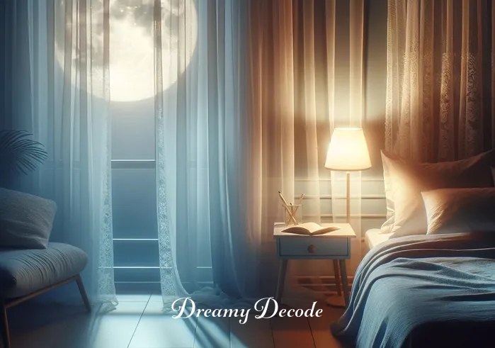 dream meaning knife attack _ A serene bedroom at dusk, with soft moonlight filtering through gauzy curtains, casting a peaceful glow over a neatly made bed and a nightstand with a dream journal and a pen resting on it.