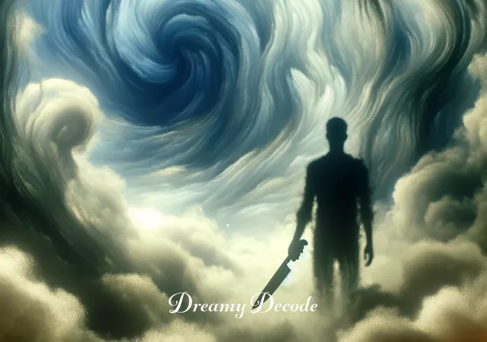 dream meaning knife attack _ A dream sequence depicting a shadowy figure holding a symbolic knife, surrounded by swirling, misty clouds. The figure is not threatening but rather symbolic, illustrating introspection and self-discovery.
