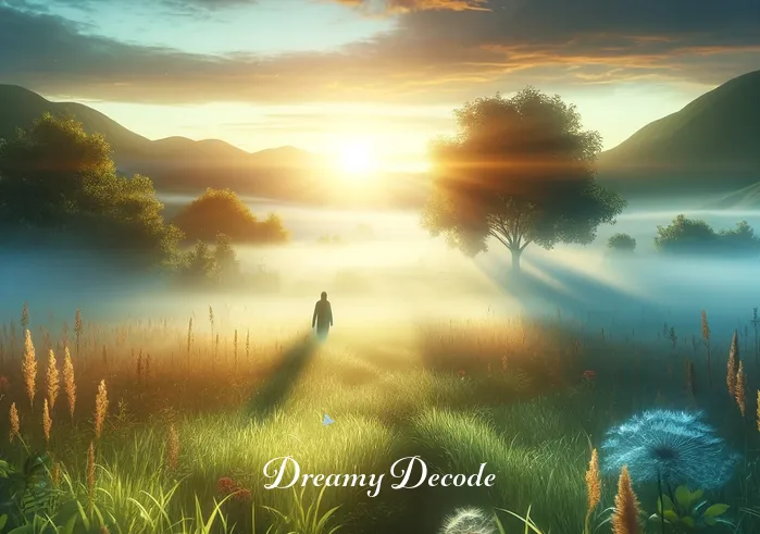 dream meaning knife attack _ The scene transitions to a peaceful meadow bathed in sunrise light, with the shadowy figure now appearing smaller and distant, symbolizing overcoming fears and challenges in the dreamer