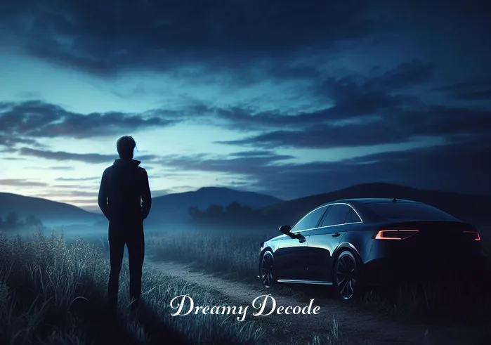 spiritual meaning of driving a black car in a dream _ A person standing in a serene landscape at twilight, gazing at a sleek black car that has mysteriously appeared on the path ahead. The sky is a blend of deep blues and purples, and the car reflects the last rays of the setting sun, creating an aura of mystery and introspection.