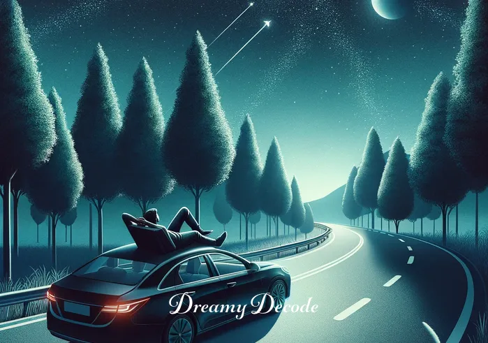 spiritual meaning of driving a black car in a dream _ The car cruising along a winding road surrounded by a forest under a starlit sky. Inside, the person appears relaxed, with a look of contemplation, as if they are on a journey of self-discovery. The trees cast long shadows on the road, adding to the dreamlike quality of the scene.