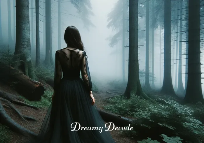 woman in black dress dream meaning _ A woman in a flowing black dress stands at the edge of a misty forest. Her back is to the viewer, and she gazes into the dense, fog-covered trees, suggesting a sense of mystery and anticipation.