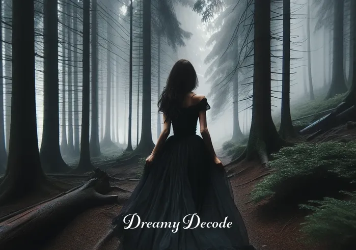 woman in black dress dream meaning _ The same woman, now walking deeper into the forest, her black dress trailing behind her. The trees around her are taller and the fog thicker, creating an atmosphere of intrigue and hidden depths.